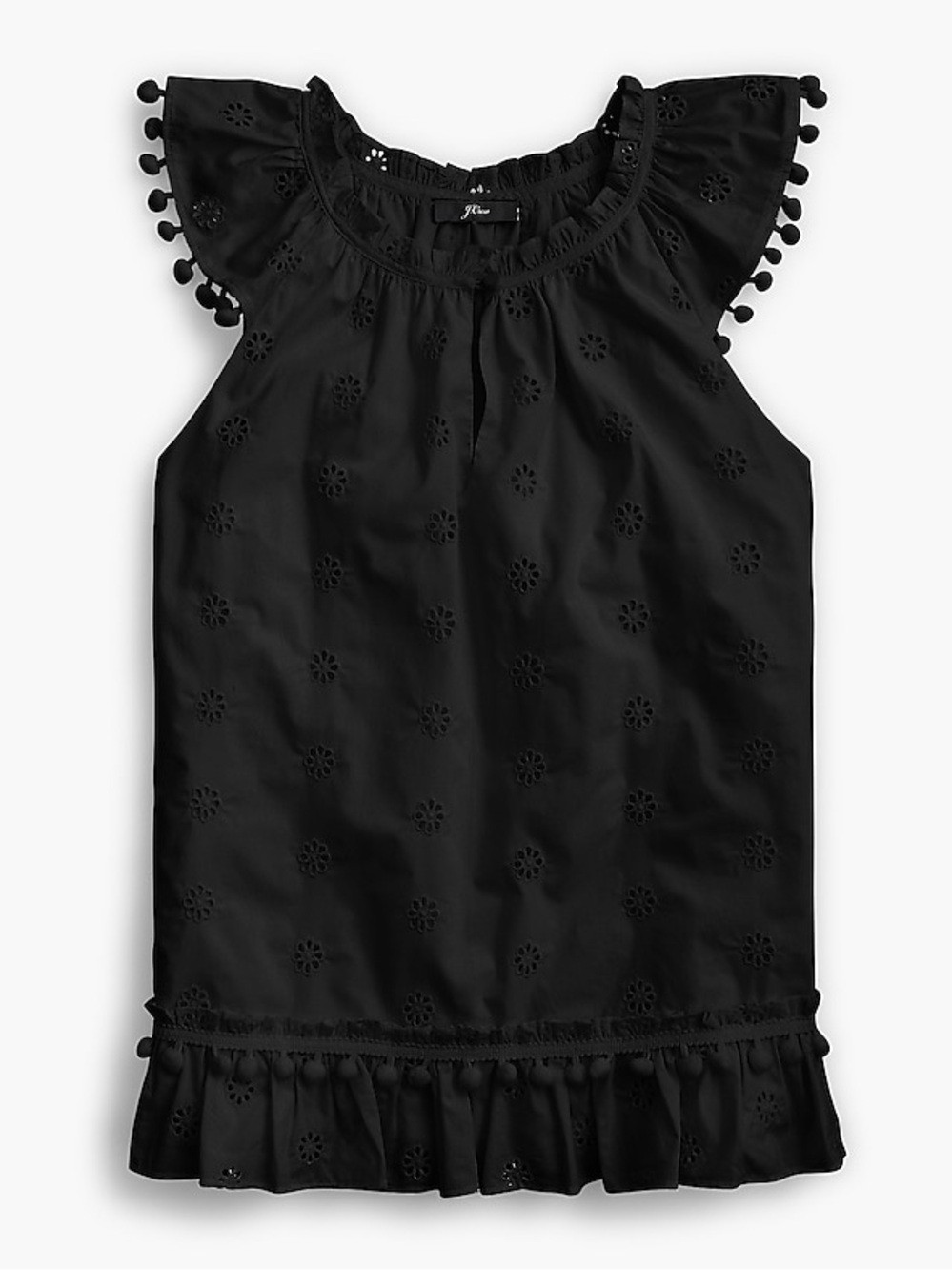 J. Crew Black Eyelet Pom-Trim Ruffle Sleeveless Top
